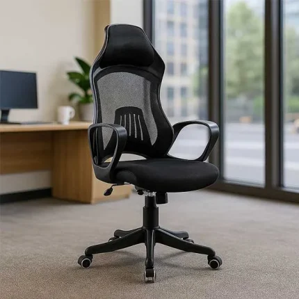 Full Back Support Breathable Fabric and Durability  Ventilation and Comfort Back  Color: Black Tilt mechanism with single locking function 360 degree freedom of movement Smooth Height Adjustment Class A hydraulic durability & stability Lumbar Support 1-year warranty  